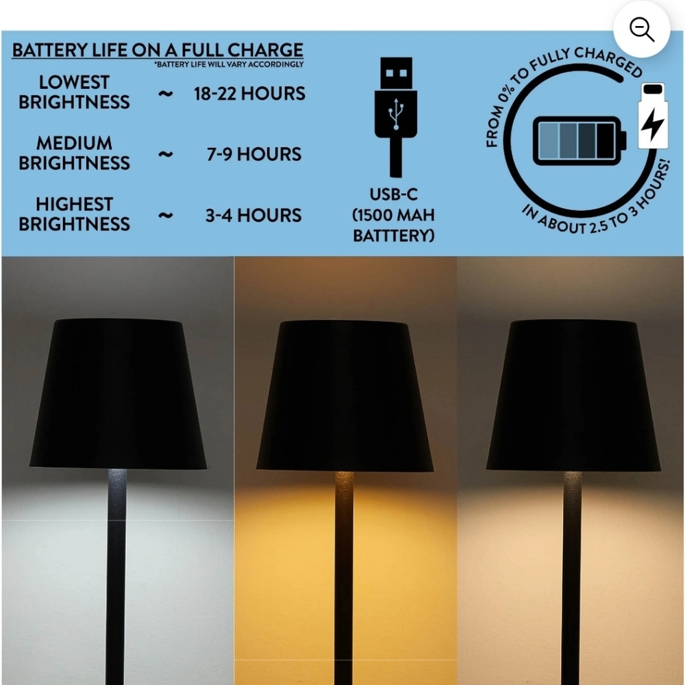 Sleek Black Table Lamps Set of 2 Wireless Rechargeable Indoor/Outdoot Brand New - Picture 2 of 5